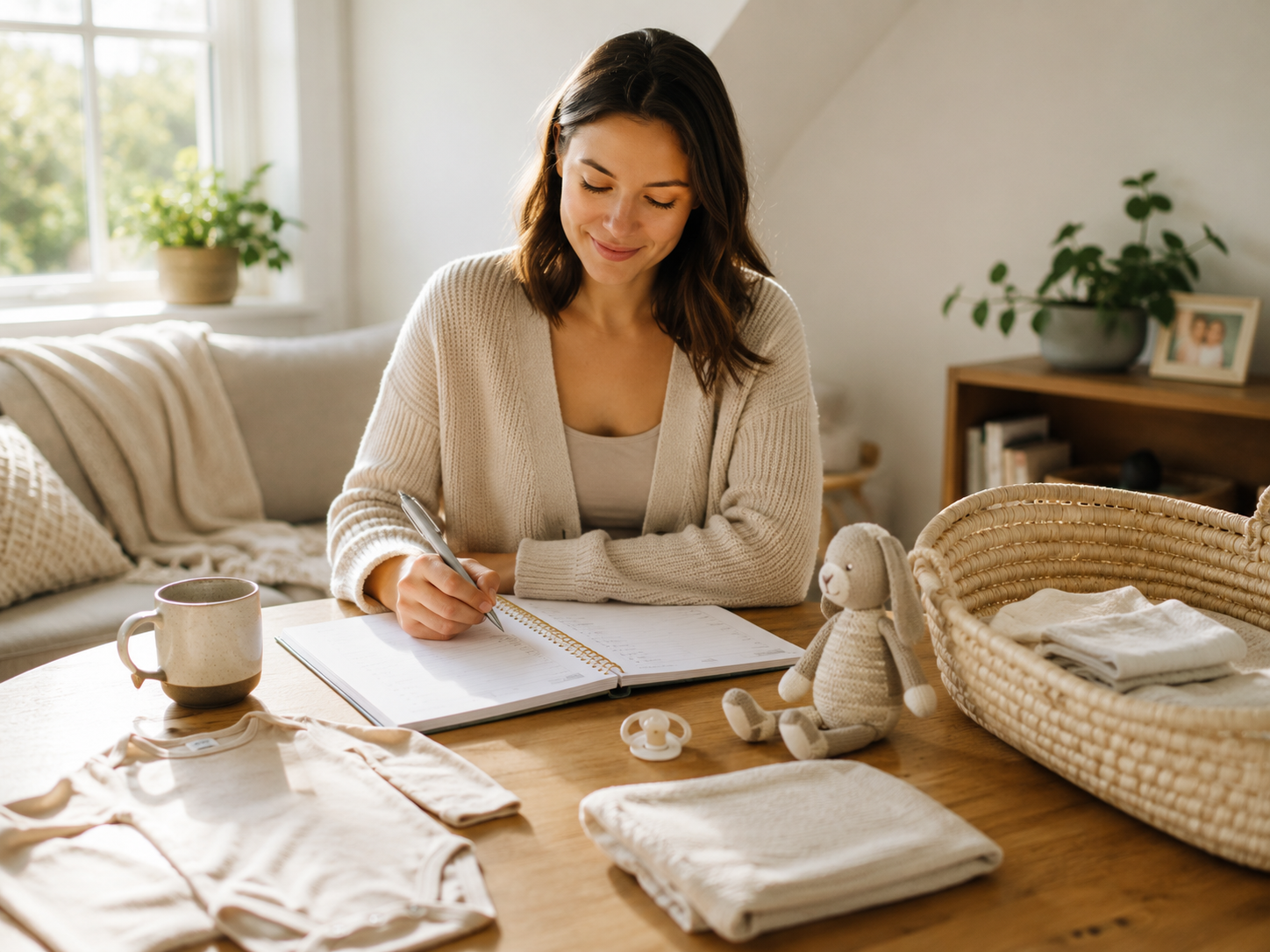 Pregnant woman calmly writing in a planner beside baby clothes, a bunny toy, and a basket