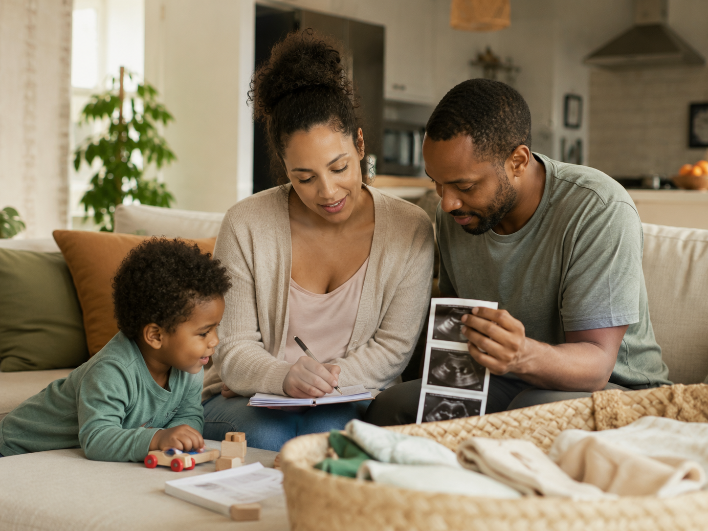Parents with a toddler reviewing ultrasound photos while writing a better plan together