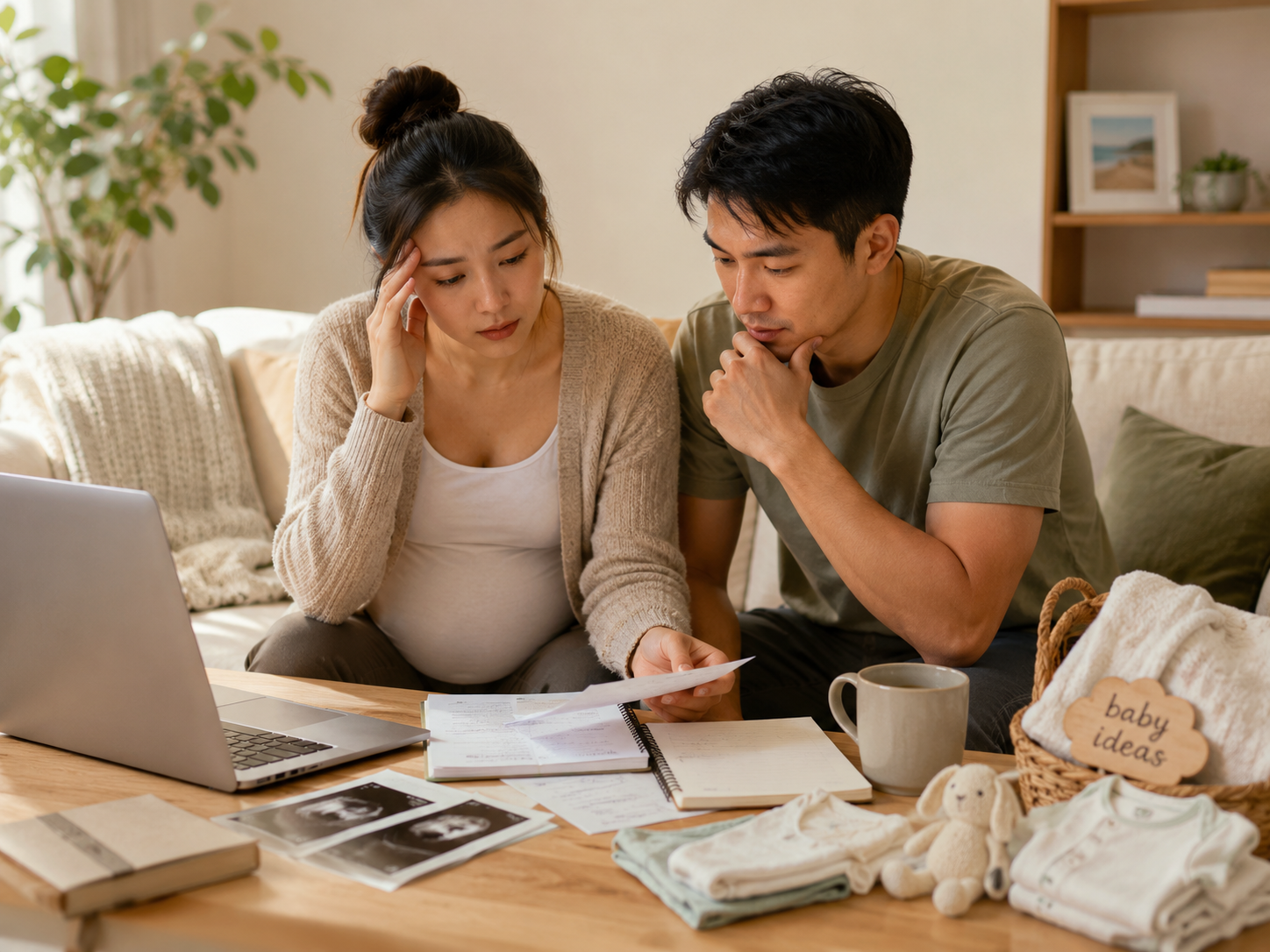 Expecting couple looking overwhelmed at a laptop and scattered papers while planning for the baby
