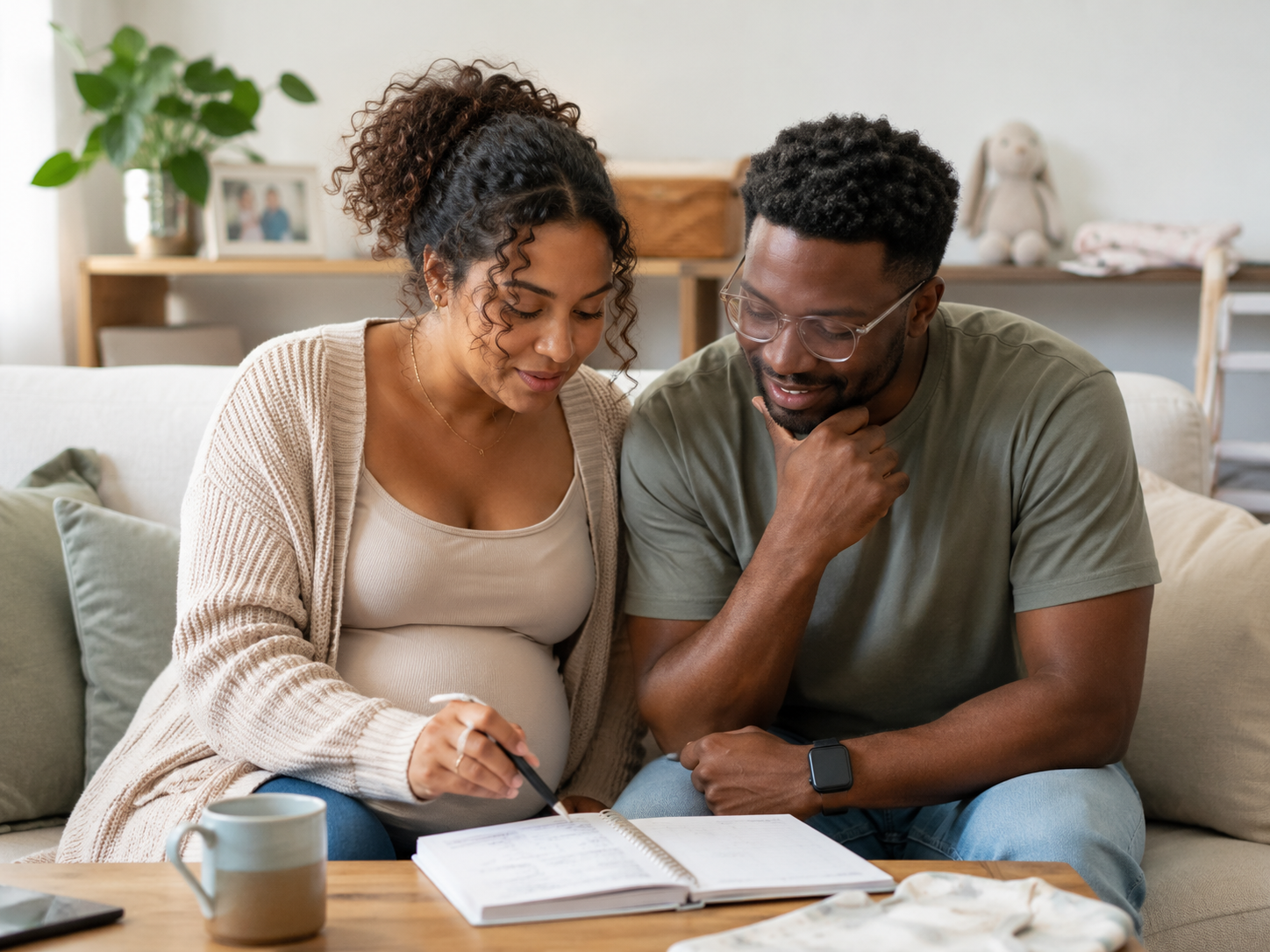 Smiling expecting couple reviewing a spiral notebook together on the couch